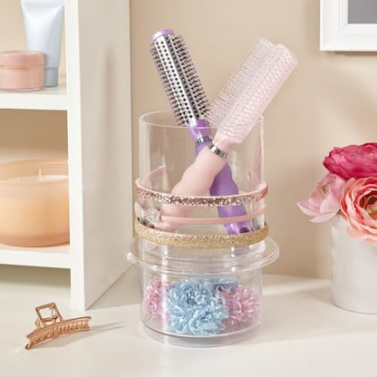 STORi Bella Stackable Clear Plastic Hair Accessory Organizer Set | Round Headband and Hairbrush Holder Stacks on The Storage Containers with Tray Lid | Made in USA - style: Headband Holder w/ Compartment