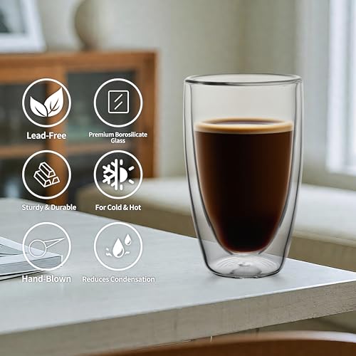NIRA.Z 2 Pack 16oz Double Wall Glass Coffee Mugs, No Hole Bottom, Insulated Borosilicate Glass Coffee Cups, Clear Mugs for Hot & Cold Beverages, Perfect for Espresso, Latte, Tea, Cappuccino