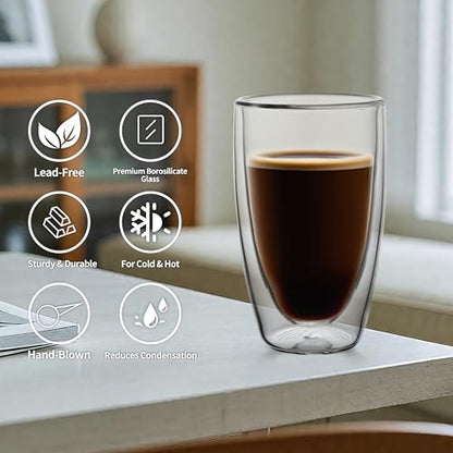NIRA.Z 2 Pack 16oz Double Wall Glass Coffee Mugs, No Hole Bottom, Insulated Borosilicate Glass Coffee Cups, Clear Mugs for Hot & Cold Beverages, Perfect for Espresso, Latte, Tea, Cappuccino