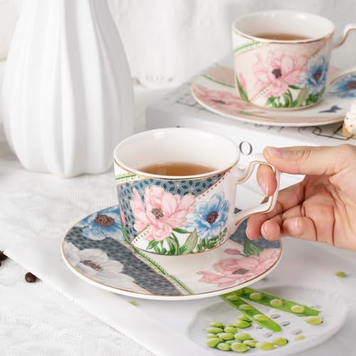 KAMMAK Tea Cups and Saucers Set of 2, Porcelain Coffee Cups, NX045 | Gold Rim, Stackable Espresso Mugs, Ceramic Demitasse for Coffee, Latte, Americano, Afternoon Tea, Elegant Gift for Women - size: 8CZNX045+46