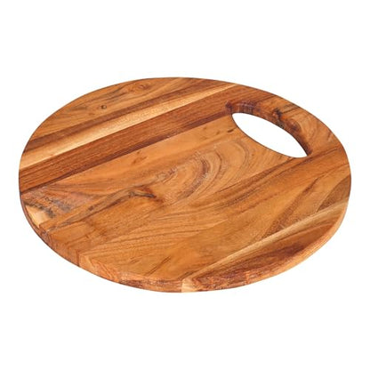 GoCraft Acacia Wood Round Cutting Board with Handle – 12x12 Inches | Rustic Wooden Cheese Board | Charcuterie Tray | Natural Rustic Kitchen Chopping Board | Farmhouse Food Prep & Serving Platter