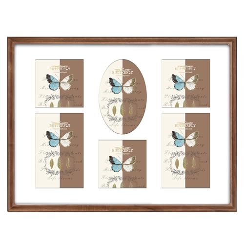 12x16 Collage Picture Frame, Premium Solid Walnut Frame with Tempered Glass, Holds 3Pcs 4x6 & 3Pcs 4x4 Photos, Handcrafted Rounded Corner, Horizontal & Vertical Wall Mount - color: Walnut, size: 12×16 6openings