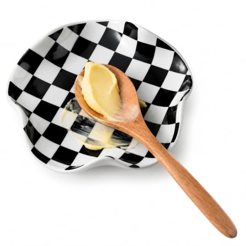 Miamolo Spoon Rest for Stove Top, 5.3in Checkered Spoon Holder Utensil Rest, Ceramic Spoon Rests for Coffee Bar, Kitchen Gadget Cooking Gift for Housewarming - Heat Resistant & Dishwasher Safe - color: Black & White Pattern