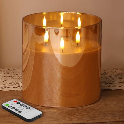 Large 3 Wick Gold Glass Flameless Pillar Candle with Remote | 6x6 inch LED Candle Flickering, Triple Wick, 2 AA Battery Powered, Accent Home Decor Gift - color: Amber Gold