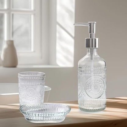 FEILANDUO 3Pcs Glass Bathroom Accessories Set, Lotion & Soap Dispenser, Toothbrush Holder, Soap Dish, Modern Bathroom Countertop Decor for Home, Housewarming Gift (Clear, 3 Pcs Bathroom Set)