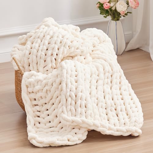 Negwoo Chunky Knit Throw Blanket, Knitted Throw Chenille Yarn, 50"*60" | Soft Thick Cable Knitted Blankets, Handmade Big Thick Blanket, Machine Washable Cute Comfy Blanket for Home Decor,Cream White - color: Cream White, size: 50"x60"