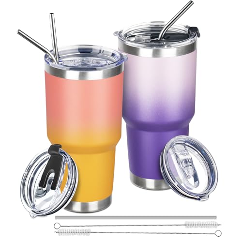 30 oz Tumbler with Lids and Straws Double Wall Vacuum Insulated Tumbler,Stainless Steel Leak-proof Tumbler Cup Powder Coated Travel Coffee Mug for Cold and Hot Drinks,Gardient Purple-Sunrise,2 pack - color: Gardient Purple-Sunrise, size: 30 Ounces