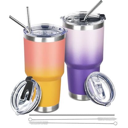 30 oz Tumbler with Lids and Straws Double Wall Vacuum Insulated Tumbler,Stainless Steel Leak-proof Tumbler Cup Powder Coated Travel Coffee Mug for Cold and Hot Drinks,Gardient Purple-Sunrise,2 pack - color: Gardient Purple-Sunrise, size: 30 Ounces