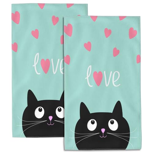 Cat Bath Hand Towels Set of 2, Cartoon Cute Cat and Pink Hearts Decorative Bath Towels Soft Super Absorbent Hand Towels for Bathroom Hotel Gym Home Decor,14"X28" - color: Cartoon Cute Cat and Pink Hearts