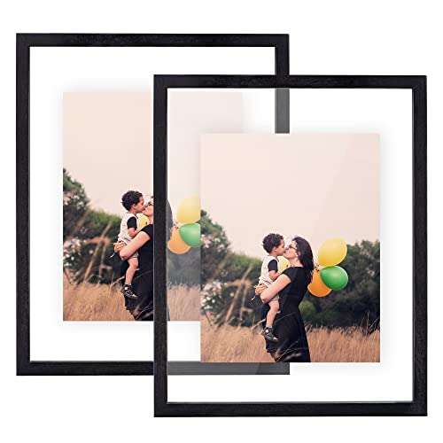 DLQuarts 11x14 Floating Photo Picture Frame, Floating Display for Photos 8x10, 7x9, 5x7, 8.5x11 Certificate, or Full Display for 11x14 Photos, Solid Wood, Double Glass, 2 Pack, Charcoal Black - color: Charcoal Black, size: 11x14