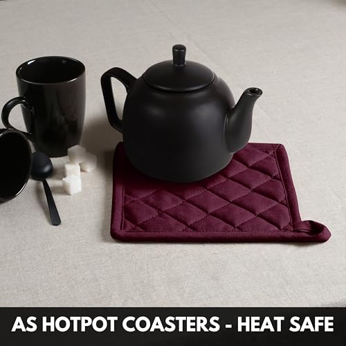 Oven Mitt (7"x13") & Pot Holder (8"x8") 100% Cotton Set of Heat Resistant Oven Gloves & Hot Pads for Gifts, BBQ, Cooking, Baking, Thanksgiving - Burgundy Wine - color: Burgundy Wine