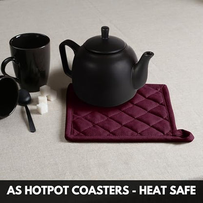 Oven Mitt (7"x13") & Pot Holder (8"x8") 100% Cotton Set of Heat Resistant Oven Gloves & Hot Pads for Gifts, BBQ, Cooking, Baking, Thanksgiving - Burgundy Wine - color: Burgundy Wine