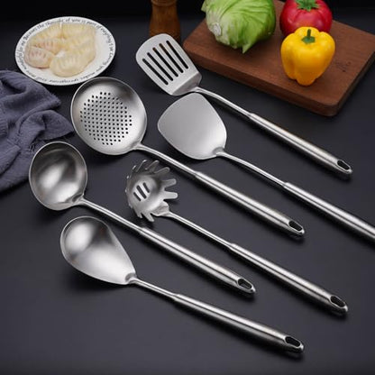 6 PCS All Metal Cooking Utensils Set - 18/10 Stainless Steel Kitchen Tools | Professional Cooking Spoons Set, 15" Spatula, Ladle, Skimmer Spoon, Pasta Serve, Large Spoon, Slotted Spatula Turner - color: 6-Pieces