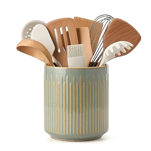 JIEMEI HOME Kitchen Utensil Holder, Ceramic Stable Utensil Crock for Countertop, 7.2" Large Utensil Organizer with Cork Mat, Removable Bamboo Divider for Kitchen Décor and Accessories, Wild Sage Earth - color: Wild Sage Earth