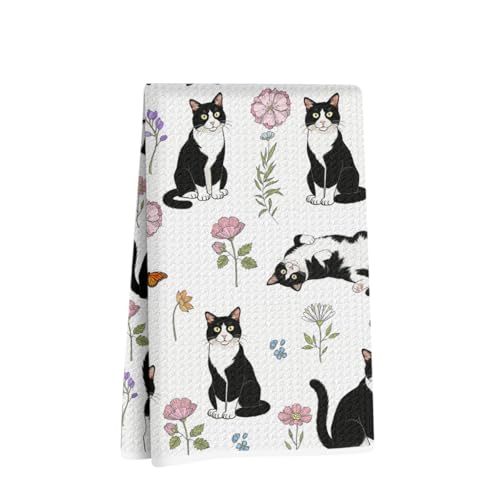 Jztco Cat Kitchen Towels, Floral Cats Gifts Reusable Hand Towels | Cat Lover Gifts for Women Mom, Microfiber Dish Cloths for Drying Dishes, Waffle Dish Towels for Kitchen Home Bathroom Decor - color: Multi 1496