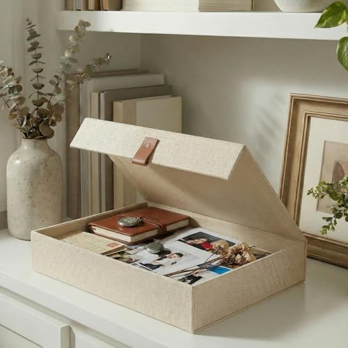 ZICOTO Decorative Photo Storage Box with Lid - Beautiful Linen Organizer | Safely Stores Your Pictures, Documents, Scrapbooking Supplies, Keepsakes and Other Memories in Style - color: Ivory