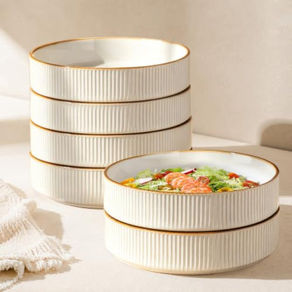 GBhome 7.5 Inch Pasta Bowls Set of 6, Ceramic Salad Bowls, Warm White | Double Reactive Glaze Bowls for Pasta, Noodles & Fruit, Scratch Resistant, Microwave & Dishwasher Safe - color: Warm White, size: Set of 6