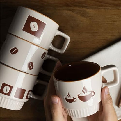 Ceramic Stackable Coffee Mugs, Beige&Brown, Set of 4 | for Au Lait, Cappuccino,Latte,Cafe,Mocha,Tea, Geometric Pattern Cups Suit For Housewarming Wedding- - color: Brown