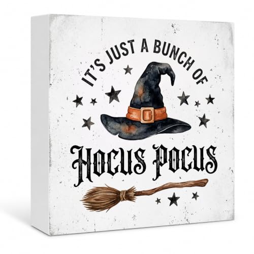 Halloween Wood Box Sign, Witch Hat Indoor Decor Sign, Spooky Halloween Farmhouse Home Table Desk Shelf Decorations 5x5 Inch - color: Witch