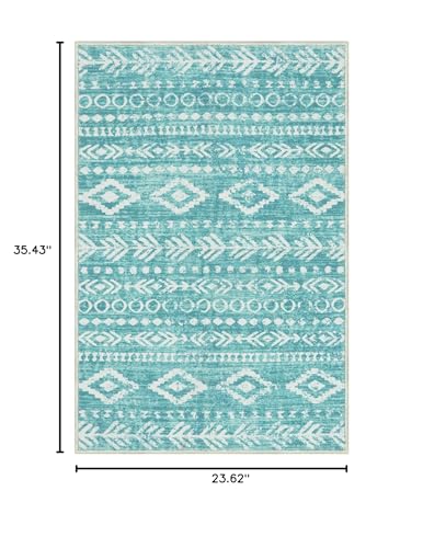 Lahome 2x3 Rustic Geometric Teal/White Area Rug, Machine Washable, Non-Slip Backing, Boho Print Design, Ultra-Thin Soft Indoor Entrance Rug - color: Teal/White, size: 2' x 3'