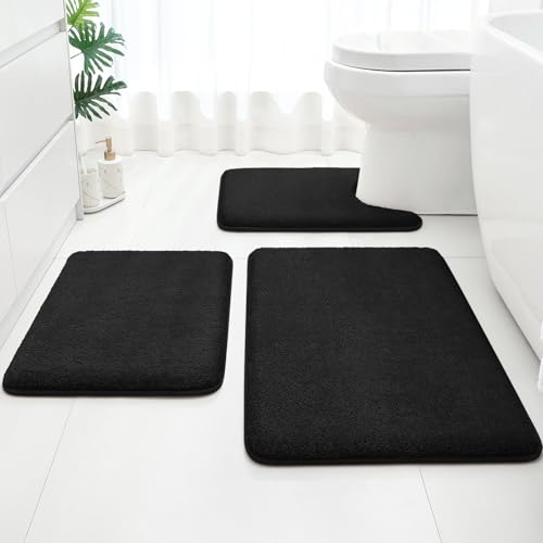 HOMEIDEAS Upgraded Bathroom Rugs Set 3 Piece, Ultra Soft Memory Foam Bath Mats, Super Absorbent Non Slip Washable U-Shaped Toilet Bath Rug (Black, 17"x24"+20"x32"+U-Shaped 20"x24") - color: Black