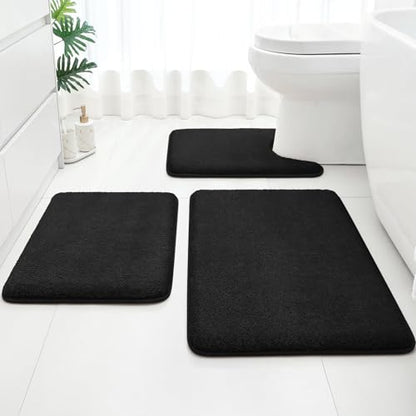 HOMEIDEAS Upgraded Bathroom Rugs Set 3 Piece, Ultra Soft Memory Foam Bath Mats, Super Absorbent Non Slip Washable U-Shaped Toilet Bath Rug (Black, 17"x24"+20"x32"+U-Shaped 20"x24") - color: Black