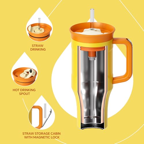 Ideus 32 oz Tumbler with Handle and Straw, 100% Leak Proof Dual Wall Vacuum Insulated Stainless Steel Travel Mug, Cup Holder Friendly, Yellow - color: Yellow