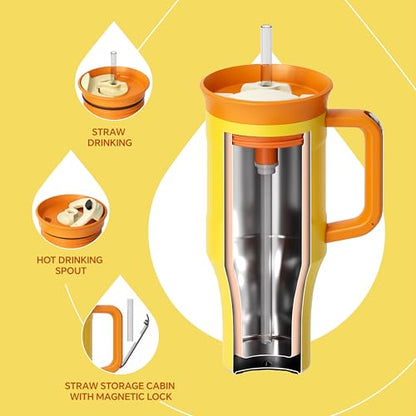 Ideus 32 oz Tumbler with Handle and Straw, 100% Leak Proof Dual Wall Vacuum Insulated Stainless Steel Travel Mug, Cup Holder Friendly, Yellow - color: Yellow