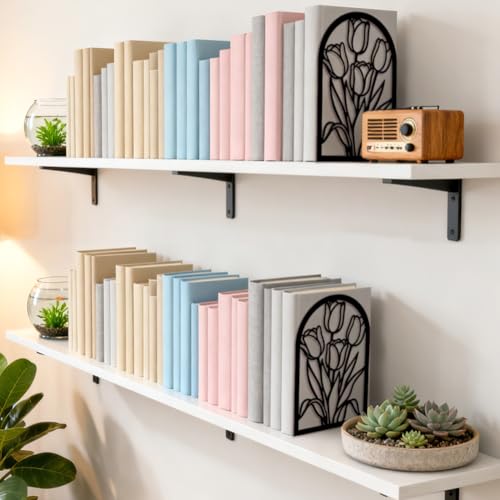 5.3"x4.3"x7.9" Metal Bookends, Heavy Duty Book Ends for Shelves | Tulips Theme Cast Iron Book Supports, 1 Pair Decor Stoppers for Desk, Library, Office & Home Shelves - style: Tulips