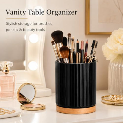 360° Rotating Kitchen Utensil Holder,Ceramic Utensil Holder for Countertop | Utensil Crock for Kitchen Counter with Rotatable Wooden Base,Ideal Housewarming Gift & Mothers Day Gift-Black - color: black