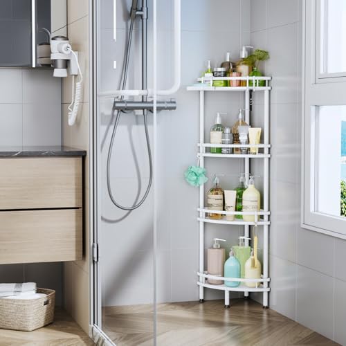 HapiRm Standing Corner Shower Caddy - 4 Tier Large Capacity, White | Shower Organizer Corner with Soap Holder and 4 Hooks, Rustproof Bathroom Storage Shelves with Adhesives - size: 4-tier