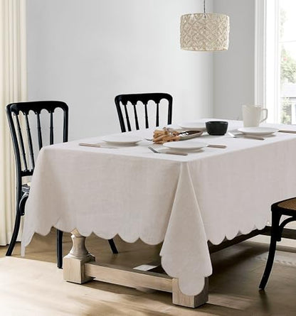 100% French Flax Linen Tablecloths Scalloped Embroidery Rectangle 84Lx60W Inch for Dinners, Parties, Spring, Easter, Machine Washable, 6-8 Sets, Linen(Edges-Gold) - color: Linen(edges-gold), size: 84" x 60" (Rectangular)