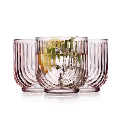 Glaver's Vintage Glassware Art Deco Glasse Ribbed Drinking Glasses U-Shape Arch Design Colored Cocktail Kitchen Tumblers Everyday Dinner Decorative Party HandWash Only (Pink S/4 11oz) - style: Pink S/4 11oz
