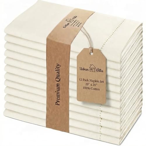 Urban Villa Cloth Napkins Ivory Hemstitch Dinner Napkins Set of 12 (20X20) 100% Cotton Absorbent Washable Durable Reusable Ideal for Hotel Collection Farmhouse Parties Restaurant Lunch Dinner Napkins - color: 004 Ivory Hemstitch, size: 20" x 20" (Set of 1