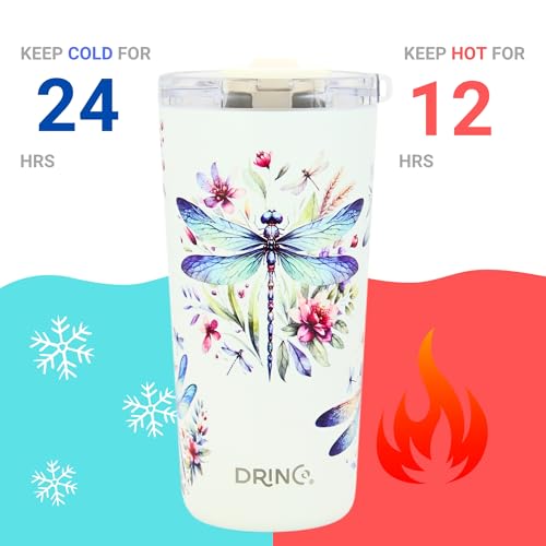 Drinco - 20 oz Stainless Steel Tumbler | Double Walled Vacuum Insulated Mug With Lid, 2 Straws, For Hot & Cold Drinks (20oz Dragonfly) - color: 20oz Dragonfly