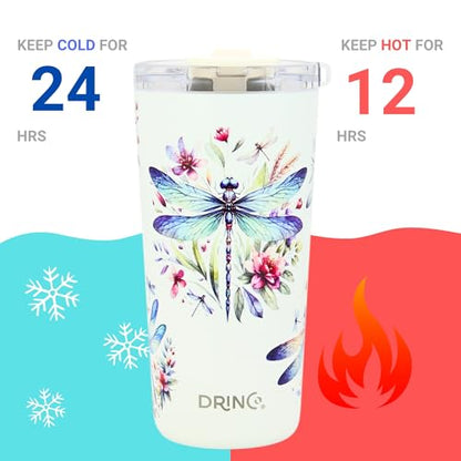 Drinco - 20 oz Stainless Steel Tumbler | Double Walled Vacuum Insulated Mug With Lid, 2 Straws, For Hot & Cold Drinks (20oz Dragonfly) - color: 20oz Dragonfly