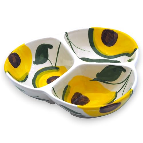 3-Compartment Ceramic Serving Dish, Handmade in Spain | 7.5” divided chip and dip bowl with lead-free glaze, microwave, oven and dishwasher safe, ideal for tapas, snacks and sauces - color: Rustic Avocado