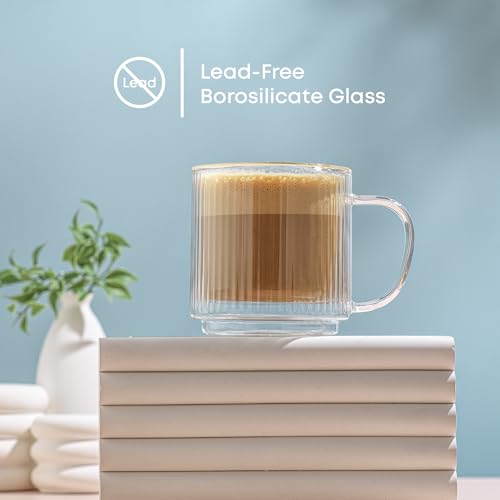JoyJolt Haven Stackable Fluted Glass Mugs, Set of 2 Ribbed Double Wall Insulated Coffee Cups, 13.5oz Clear Mugs - style: Fluted Mugs