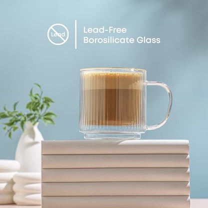 JoyJolt Haven Stackable Fluted Glass Mugs, Set of 2 Ribbed Double Wall Insulated Coffee Cups, 13.5oz Clear Mugs - style: Fluted Mugs