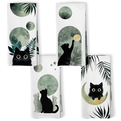Boho Black Cat Kitchen Towels Set of 4, Sage Green Mid Century Modern Abstract Botanical Decorative Hand Towel for Bathroom, Black Cat Gifts Dish Tea Towels for Kitchen Decor, 16x24 Inch