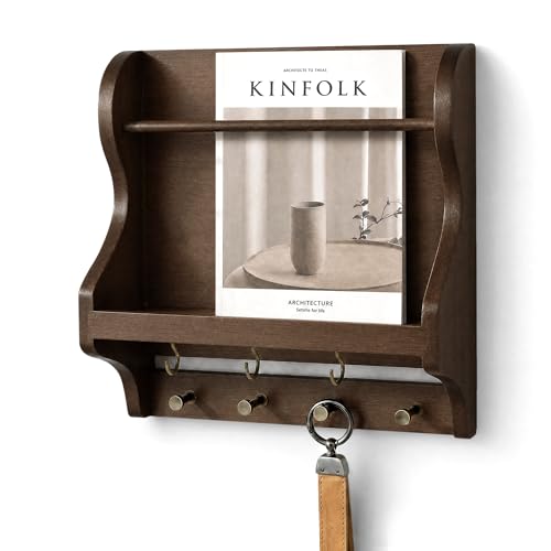 Pine Wood Mail Organizer Wall Mount with 7 Key Hooks for Entryway, Brown | Decorative Mail Holder for Wall, Living Room, Rustic Magazine Holder for Paper, Bill Storage, Home Decor, Apartment Aesthetic - color: Brown