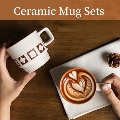 Coffee Mugs Set, Ceramic Espresso Cups, 11 oz, Set of 4, Beige&Brown | for Au Lait, Cappuccino,Latte,Cafe,Mocha,Tea, Geometric Pattern Cups Suit For Housewarming Wedding- - color: Beige