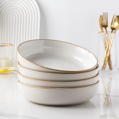 GBHOME 8.75'' Large Ceramic Pasta Bowls, 38oz Stoneware Pasta Serving Bowls Set of 4 for Kitchen, Wide Bowls for Fruit,Pasta,Salad,Oatmeal,Meal, Microwave Safe, Reactive Glaze-Pear White - color: Pearl White