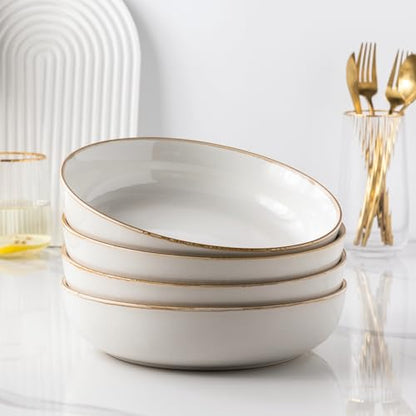 GBHOME 8.75'' Large Ceramic Pasta Bowls, 38oz Stoneware Pasta Serving Bowls Set of 4 for Kitchen, Wide Bowls for Fruit,Pasta,Salad,Oatmeal,Meal, Microwave Safe, Reactive Glaze-Pear White - color: Pearl White