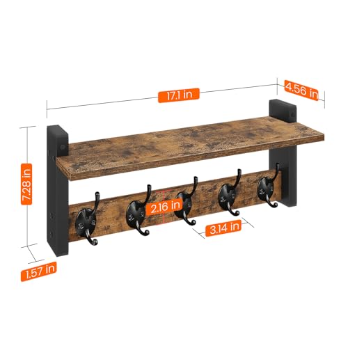 Wall Hooks with Shelf, Wood Coat Rack with Shelf Wall-Mounted, Entryway Hanging Shelves with 5 Metal Hooks for Clothes Hats Towel Purse Robes, Bathroom Mudroom Bedroom, Rustic Brown Black - color: Rustic Brown, size: 17.1 Inch Long