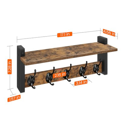 Wall Hooks with Shelf, Wood Coat Rack with Shelf Wall-Mounted, Entryway Hanging Shelves with 5 Metal Hooks for Clothes Hats Towel Purse Robes, Bathroom Mudroom Bedroom, Rustic Brown Black - color: Rustic Brown, size: 17.1 Inch Long