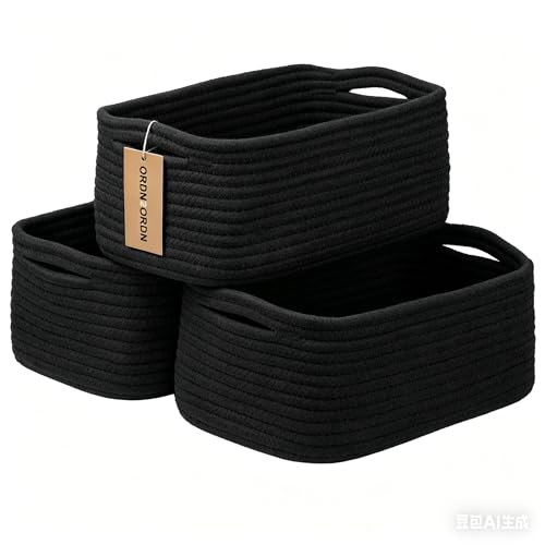 3Pack Small Woven Storage Baskets for Shelves Organizing | Cotton Rope Closet Organizer Bins, Basket for Gifts Empty, Nursery, Living room, Dog Toy Basket 13.2x8.2x5.2 in, Black - color: Black, size: M