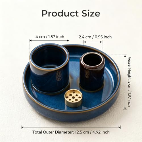 4 in 1 Ceramic Incense Holder, Multi-Function Incense Stick Palo Santo Sage Burner, Ash Catcher Tray for Meditation Yoga Room, Blue, 4.25 Inch