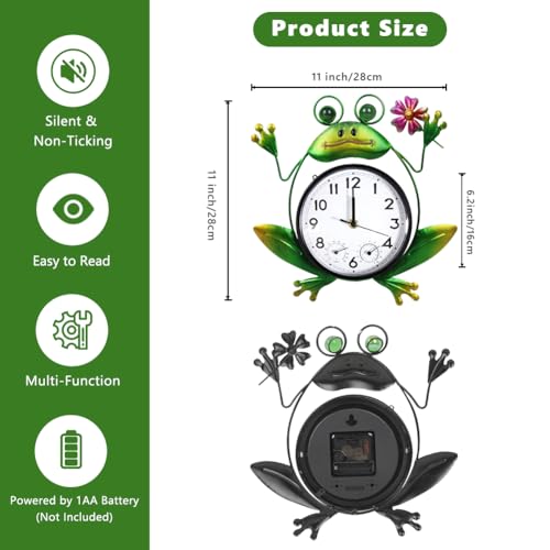Outdoor Clock with Thermometer & Humidity | Silent Non-Ticking, Frog Outdoor Wall Clock, Outdoor Clocks for Patio, Garden, Home Decor - style: Frog with Flower