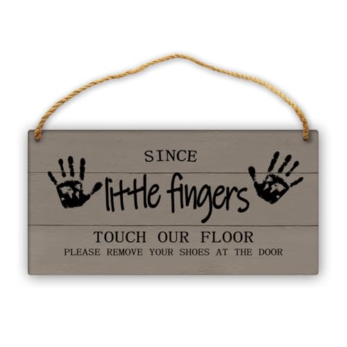 Little Fingers Sign - Please Remove Shoes At Door - 12x12in Grey No Shoes Sign for Front Door Wall Hanging - color: Dark Grey-Since Little Fingers